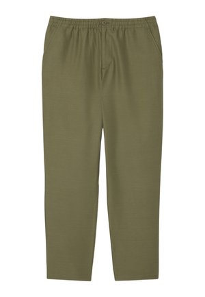 Olive-green casual pants made of soft fabric, featuring an elastic waistband, side pockets, and a straight-leg design.