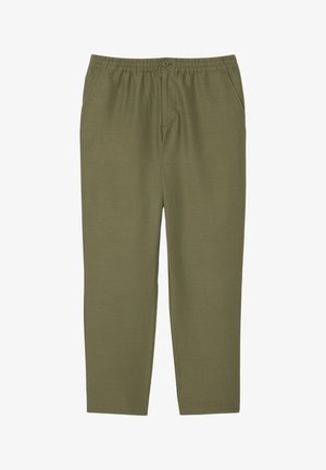 Pantalon décontracté vert olive en tissu doux, avec une taille élastique, des poches latérales et une coupe droite.