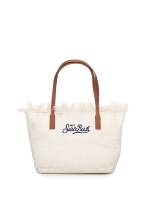 Cremefarbene Tragetasche mit Blumenstickerei, braunen Ledergriffen, Fransenverzierung und "MC2 Saint Barth"-Logo auf der Vorderseite.