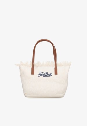 Torba typu tote w kremowym kolorze z kwiatowym haftem, brązowymi skórzanymi uchwytami, ozdobnym frędzlem i logo "MC2 Saint Barth" z przodu.