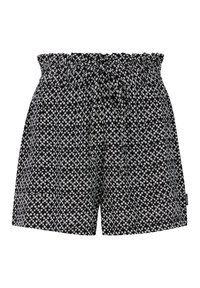 Shorts noirs avec motif de losanges blancs, taille élastique et détail de cordon de serrage. Tissu léger avec une coupe décontractée et confortable.