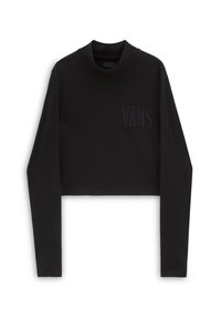 Schwarzes, kurz geschnittenes Langarmshirt aus weichem Stoff mit rundem Ausschnitt und einem tonalen "VANS"-Logo auf der linken Vorderseite.