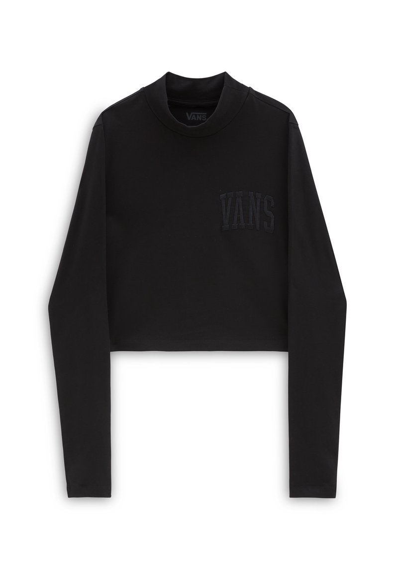 Schwarzes, kurz geschnittenes Langarmshirt aus weichem Stoff mit rundem Ausschnitt und einem tonalen "VANS"-Logo auf der linken Vorderseite.