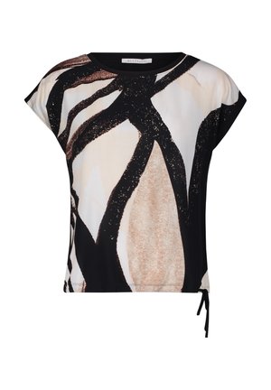 Sort og beige kortærmet top med et abstrakt mønster, rund halsudskæring og sidesnor detalje for justerbar pasform. Glat stofstruktur.