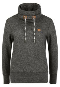 Mörkgrå sweatshirt med hög hals, med dragsko, patch-logotyp och ribbade mudd och nederkant. Tillverkad av ett texturerat, varmt tyg.
