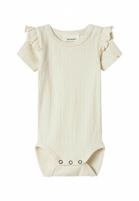Body color crema a costine con maniche corte arricciate, dotato di chiusure a pressione sul fondo e design con collo rotondo.
