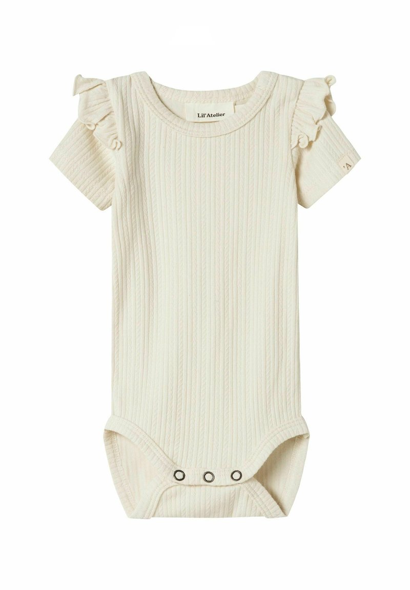 Body color crema a costine con maniche corte arricciate, dotato di chiusure a pressione sul fondo e design con collo rotondo.