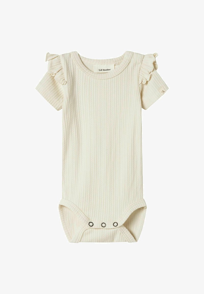 Body color crema a costine con maniche corte arricciate, dotato di chiusure a pressione sul fondo e design con collo rotondo.