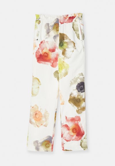 Cvečni hlače iz belega blaga. Značilna je pisan vzorec rdečih, zelenih in vijoličnih cvetov. Elastičen pas in stranske žepe. Ravnoga kroja.