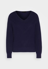 Navy v-neck sweater in textured knit with diagonal ribbing and airy accents. Features long sleeves and ribbed cuffs and hem.