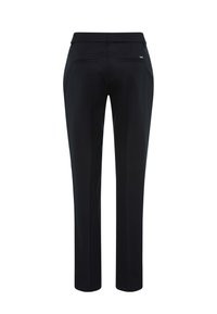 Zwarte op maat gemaakte broek met een gladde textuur, rechte snit en twee achterzakken. Heeft een subtiele logo-accent nabij de taille.