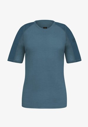 Kurzarm-Blauhemd aus weichem Stoff; mit einem runden Ausschnitt und kontrastierenden Einsätzen an den Schultern, sowie einem Logo-Detail am Ärmel.