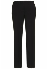 Zwarte op maat gemaakte broek van een zachte stof, met een recht gesneden ontwerp, riemlussen en een discrete zijzak.