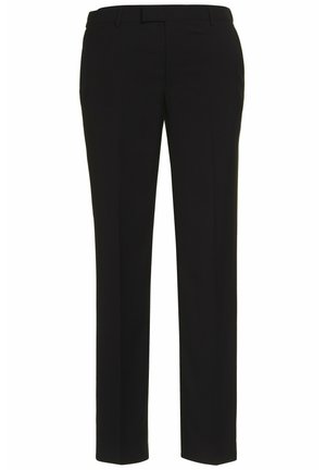 Pantalones negros ajustados hechos de una tela suave, con un diseño de pierna recta, trabillas para cinturón y un bolsillo delantero discreto.
