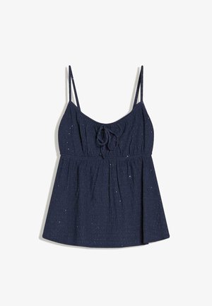 Mornarsko plava top bez rukava s tankim naramenicama, naboranim teksturom tkanine, malim svjetlucavim detaljima i prednjim vezanjem na prsima.