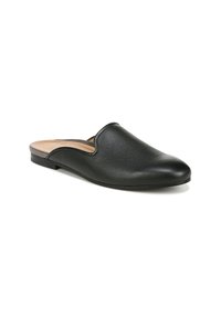 Black leather slip-on shoe with a rounded toe, flat sole, and smooth texture. No embellishments; minimalistic design.