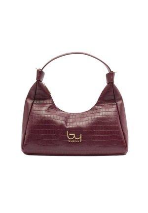 Piccola borsa bordeaux con texture a coccodrillo, tracolla singola e logo dorato "byblos" sul fronte.