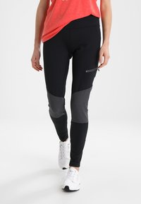 Svarta träningsleggings med strukturerade grå paneler, en ficka med dragkedja och en figurpassande design som är lämplig för aktiv användning.