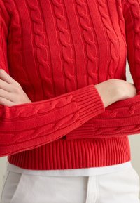 Maglione rosso a maglia grossa con polsini e orlo a coste, caratterizzato da un design testurizzato. La vista ravvicinata evidenzia il motivo intrecciato e il colore vivace.