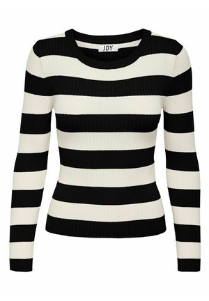 Black and white striped long-sleeve ribbed sweater with a round neckline and fitted shape, featuring alternating wide stripes.