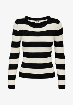 Čierno-biely pruhovaný dlhý rukáv rebrovaný sveter s okrúhlym výstrihom a priliehavým strihom, ktorý má striedavé široké pruhy.