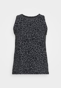 Bezramiączkowy top w ciemnoszarym kolorze z czarnym wzorem panterki, z okrągłym dekoltem i gładką teksturą materiału.