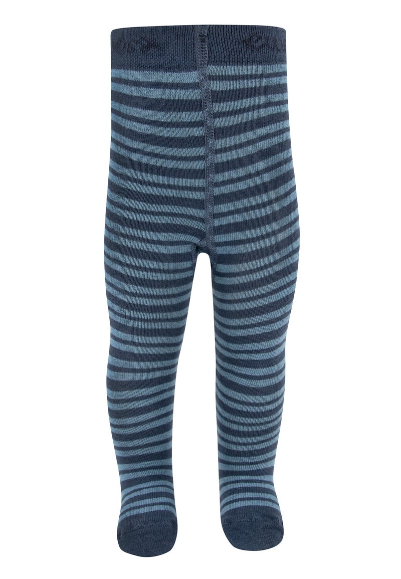 Marineblaue und hellblaue gestreifte Strumpfhosen mit einem strukturierten Strickmuster. Sie haben einen einfarbigen dunkelblauen Bund und geschlossene Zehen.