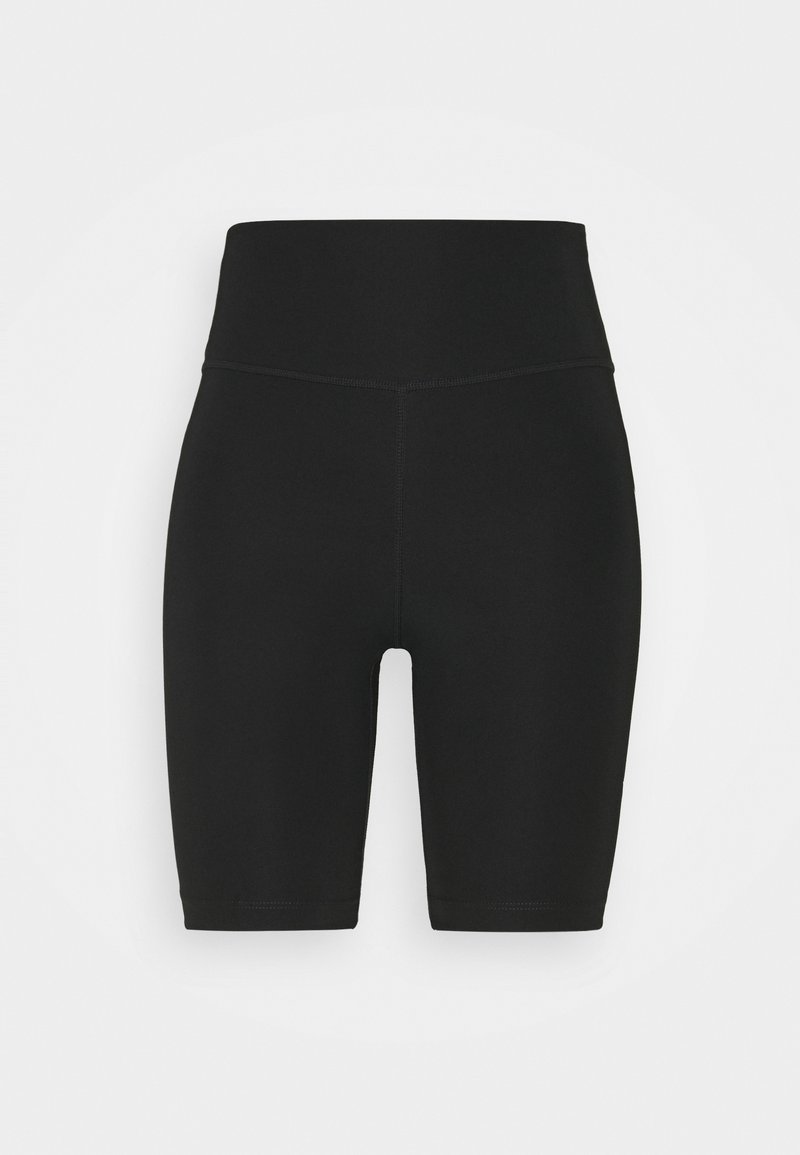Short noir taille haute, longueur genou, ajusté avec coutures plates sur fond blanc uni.