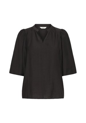 Zwarte blouse met een V-hals, korte puffmouwen en een textuurstof. Eenvoudig ontwerp zonder patronen of zichtbare hardwaredetails.