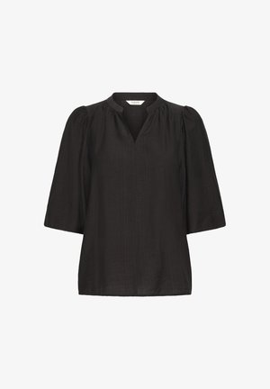 Zwarte blouse met een V-hals, korte puffmouwen en een textuurstof. Eenvoudig ontwerp zonder patronen of zichtbare hardwaredetails.