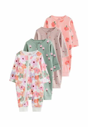 Fire langærmede babyheldragter med blomsterprint i hvid, grøn, beige og ferskenfarver, hver med lynlås foran og ribmanchetter.