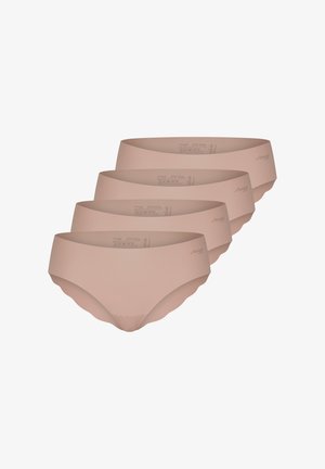 Vier diagonale gestapelte nahtlose Damen-Slips in hellbraun, jeder mit einem kleinen „Sloggi“-Logo auf dem seitlichen Bund.