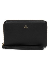 Portefeuille en cuir noir avec une texture lisse, fermeture zippée et un emblème en forme de cœur doré à l'avant. Il dispose d'une attache de poignet détachable.