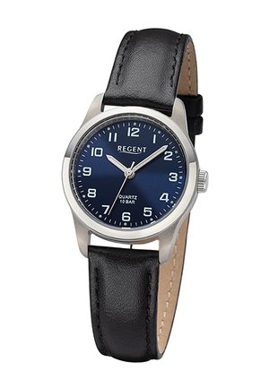 Montre-bracelet analogique avec cadran bleu, boîtier argenté, chiffres blancs et bracelet en cuir noir affichant l'heure 10:10:35.