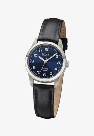 Montre-bracelet analogique avec cadran bleu, boîtier argenté, chiffres blancs et bracelet en cuir noir affichant l'heure 10:10:35.