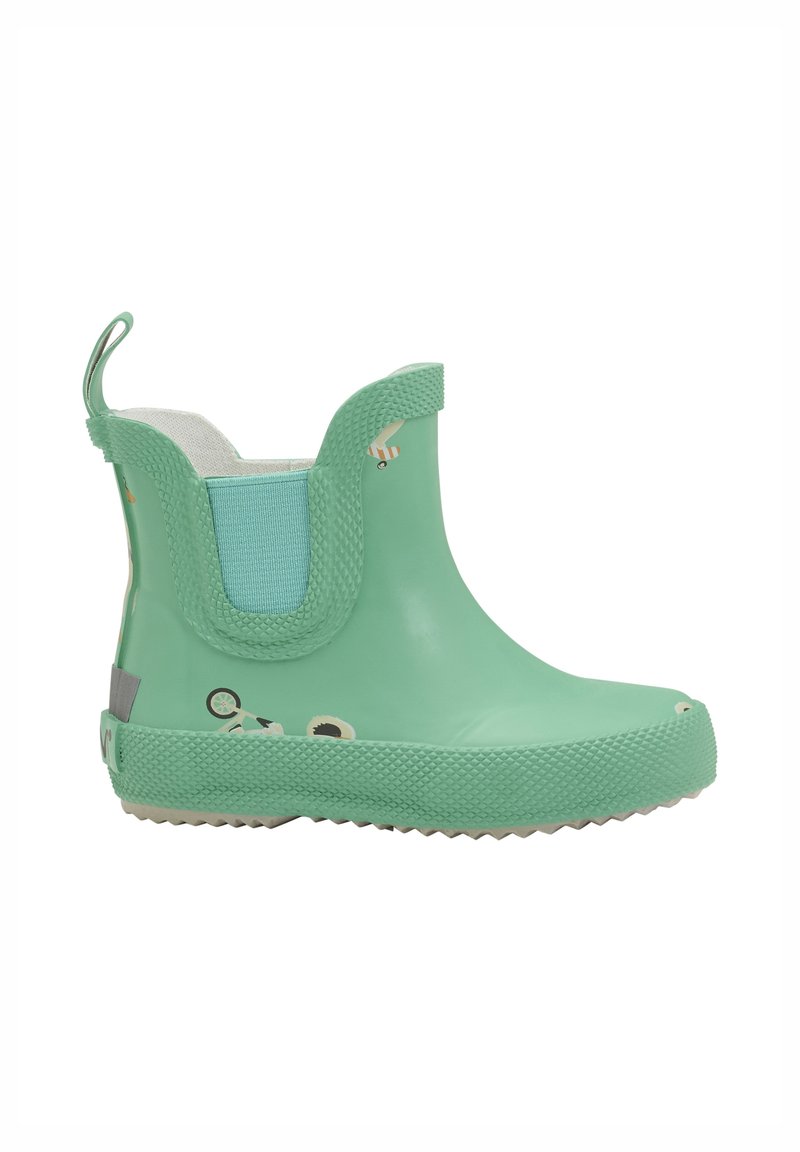 Botte de pluie en caoutchouc vert menthe pour enfant, avec semelle texturée et panneau élastique latéral, illustrée de petites images d'animaux et de vélos.