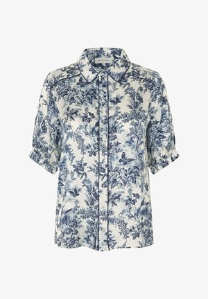 Weiße Bluse mit kurzen Ärmeln, marineblauem botanischem und Schmetterlingsdruck, spitzem Kragen, Frontknöpfen und gerafften Manschetten.