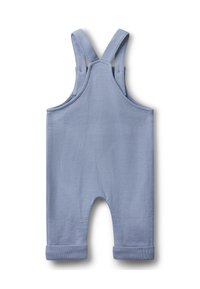 Salopette en coton bleu clair avec des bretelles réglables, un encolure arrondie et des ourlets roulés aux chevilles. Tissu texturé avec une finition douce.