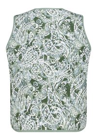 Top senza maniche con motivo floreale verde e accenti blu e bianchi. Presenta una texture liscia e un collo arrotondato, senza chiusure.