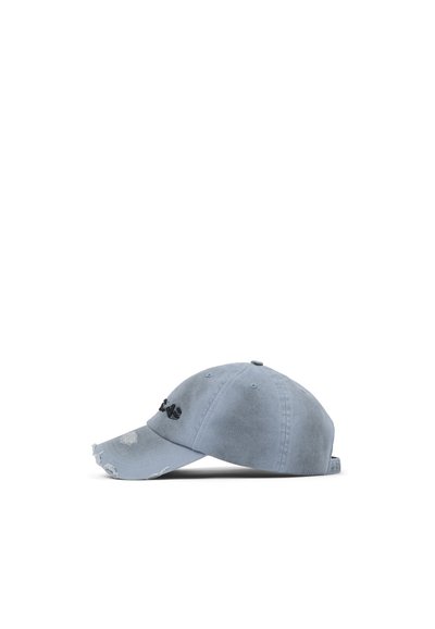 Light blue cap made of distressed fabric, featuring a curved brim, black embroidery on the front, and frayed edges for a worn appearance.