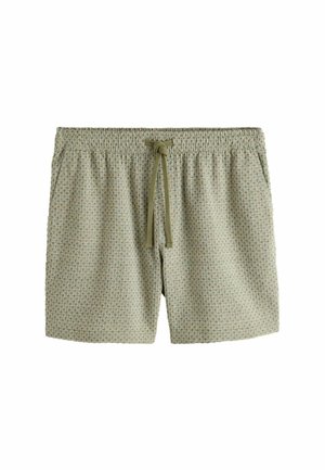 Hellgrüne Herren-Shorts mit elastischem Bund, olivfarbenem Kordelzug, Seitentaschen und dezentem kleinem quadratischem Muster.