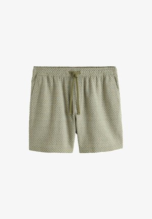 Hellgrüne Herren-Shorts mit elastischem Bund, olivfarbenem Kordelzug, Seitentaschen und dezentem kleinem quadratischem Muster.