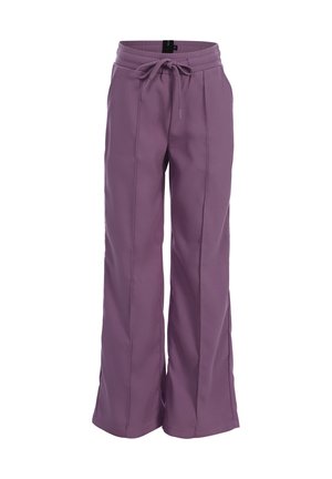 Paarse wijde broekspijpen met voorseams, zijzakken en een verstelbare tailleband met trekkoord.