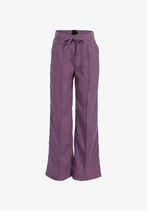 Paarse wijde broekspijpen met voorseams, zijzakken en een verstelbare tailleband met trekkoord.