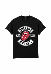 Sort bomulds T-shirt med et grafisk design, der viser et rødt tunge-logo, "ROLLING STONES," og "TOUR 1978" i hvid på en distressed look.
