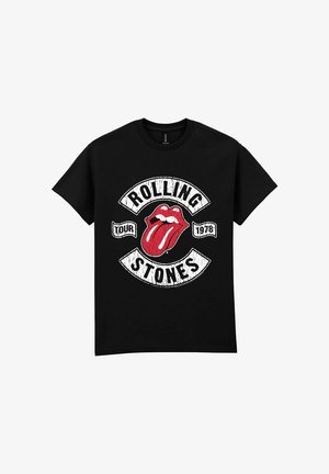 Musta puuvillapaita, jossa on grafiikkasuunnittelu, joka esittää punaista kielilogoa, "ROLLING STONES" ja "TOUR 1978" valkoisella kuluneen näköisessä tyylissä.