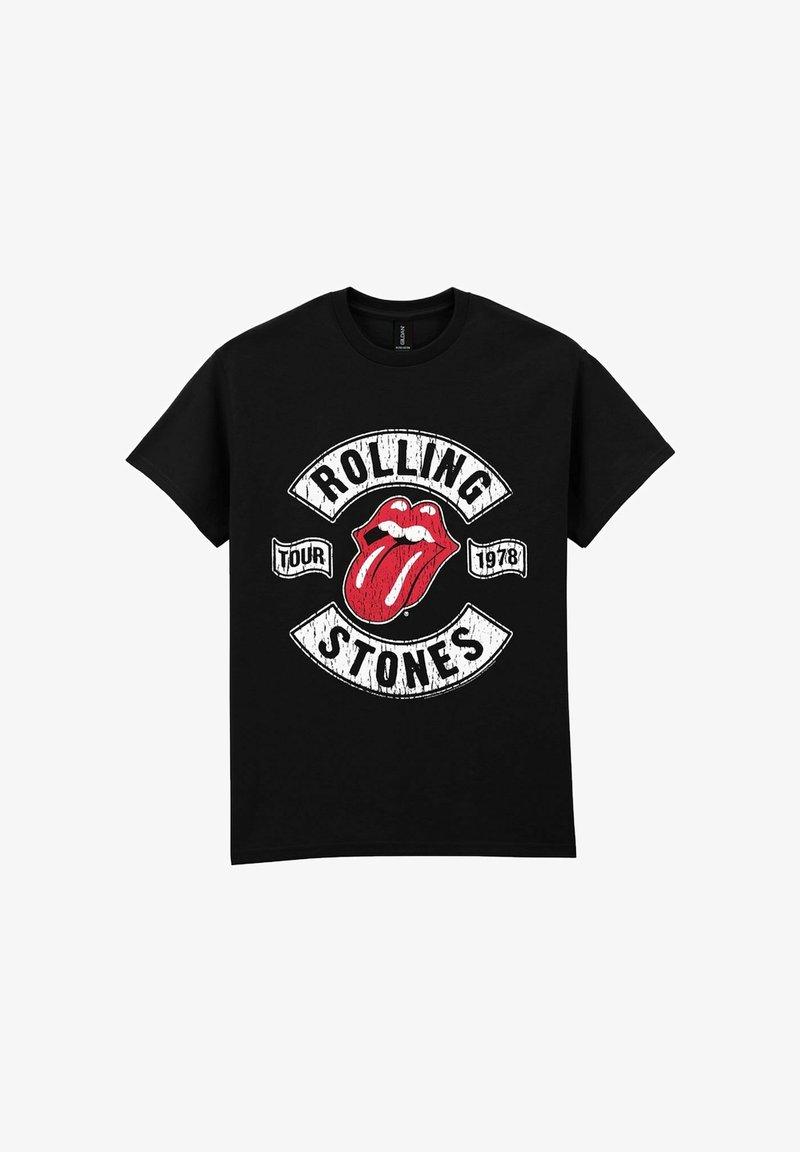 Černé bavlněné tričko s grafickým designem zobrazujícím červený jazykový logo, "ROLLING STONES", a "TOUR 1978" v bílé barvě na pohaslé vzhledu.