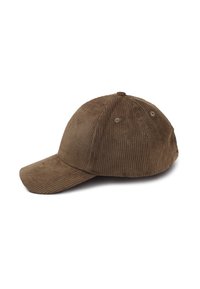 Bruine corduroy baseballpet met een gebogen rand,Textuur oppervlak, zes ventilatieoogjes en een knoop bovenop.