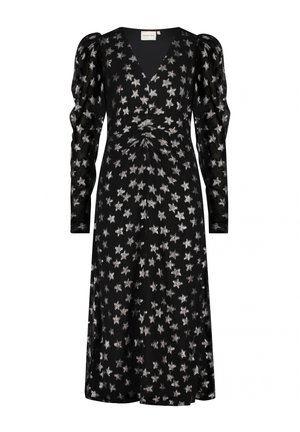 Black dress with long puff sleeves and a V-neck. Features a star pattern in silver, gathered waist, and flowy fabric. Mid-length design.