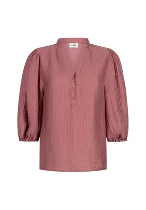 Lila blouse van gestructureerde stof, pofmouwen tot driekwart, V-hals met drie knopen en elastische manchetten.